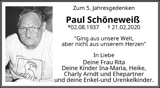 Traueranzeige von Paul Schöneweiß von trauer.wuppertaler-rundschau.de