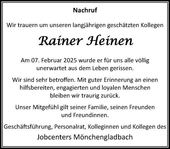 Traueranzeige von Rainer Heinen von trauer.extra-tipp-moenchengladbach.de