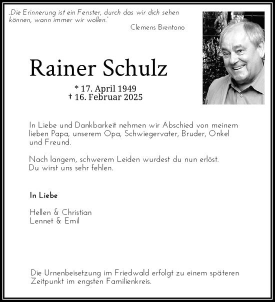 Traueranzeige von Rainer Schulz von trauer.extra-tipp-moenchengladbach.de