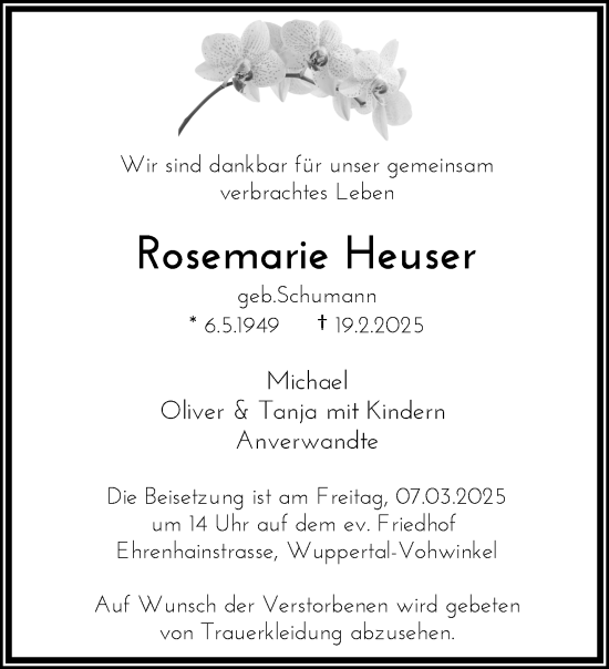 Traueranzeige von Rosemarie Heuser von trauer.wuppertaler-rundschau.de