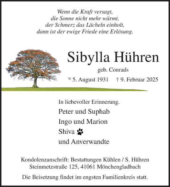 Traueranzeige von Sibylla Hühren von trauer.extra-tipp-moenchengladbach.de