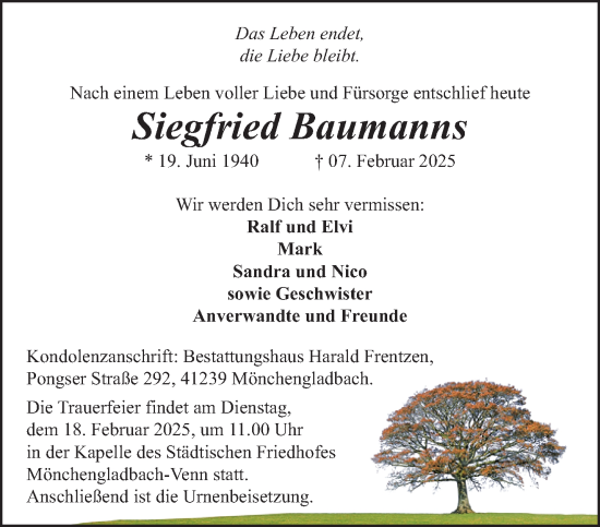 Traueranzeige von Siegfried Baumanns von trauer.extra-tipp-moenchengladbach.de