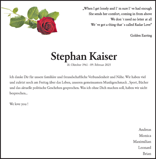 Traueranzeige von Stephan Kaiser von trauer.extra-tipp-moenchengladbach.de