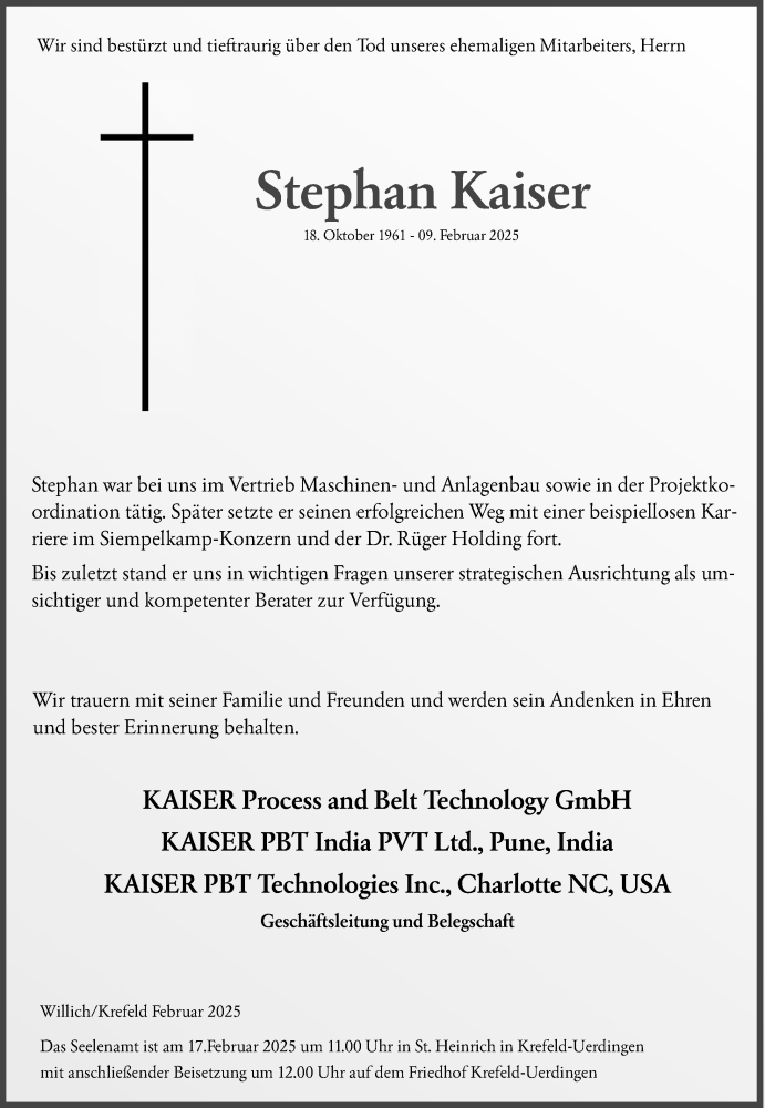  Traueranzeige für Stephan Kaiser vom 16.02.2025 aus trauer.extra-tipp-moenchengladbach.de