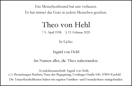 Traueranzeige von Theo von Hehl von trauer.extra-tipp-moenchengladbach.de