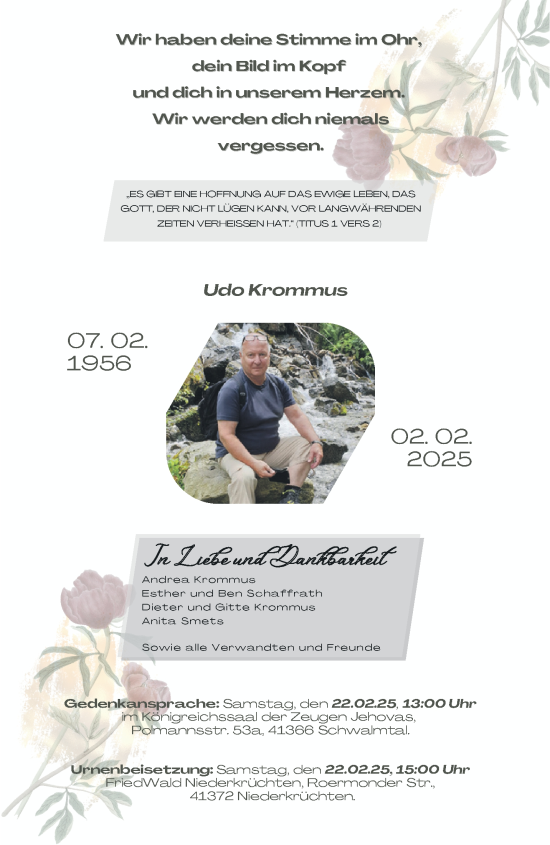 Traueranzeige von Udo Krommus von trauer.extra-tipp-moenchengladbach.de