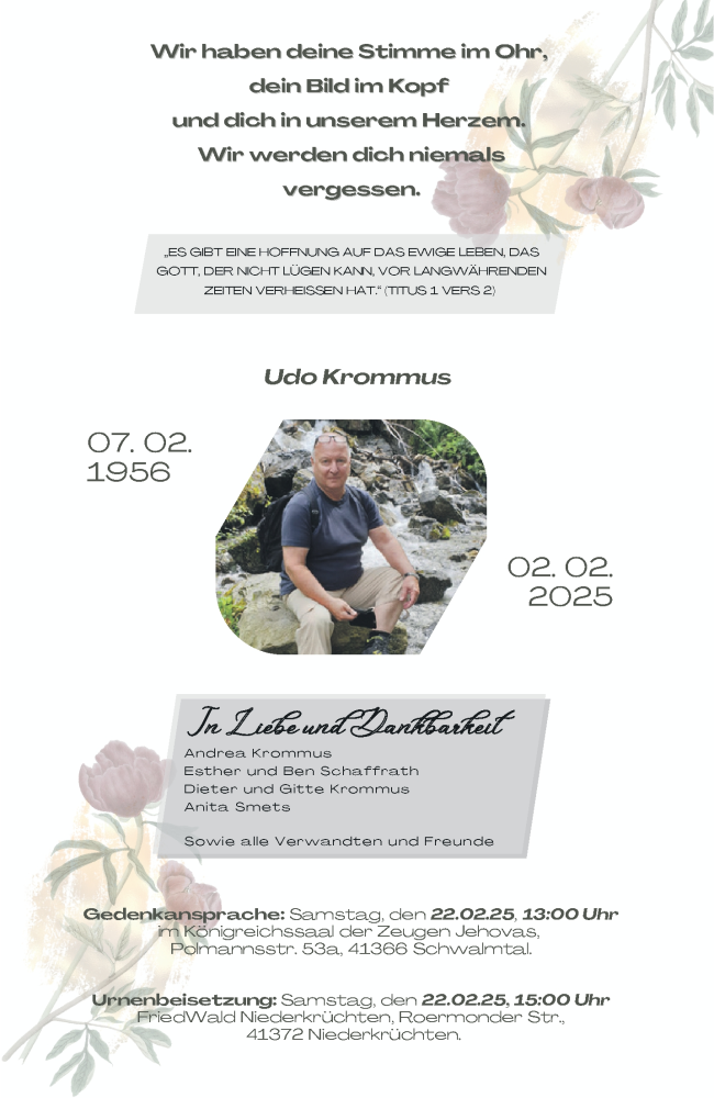  Traueranzeige für Udo Krommus vom 16.02.2025 aus trauer.extra-tipp-moenchengladbach.de