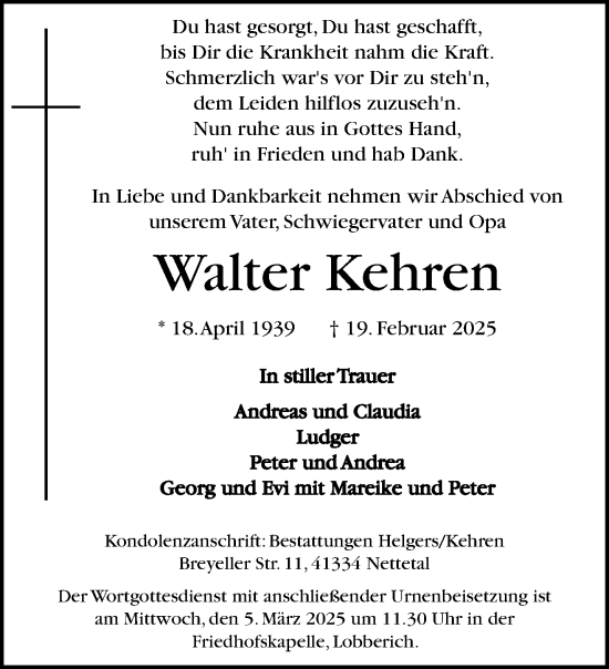 Traueranzeige von Walter Kehren von trauer.extra-tipp-moenchengladbach.de