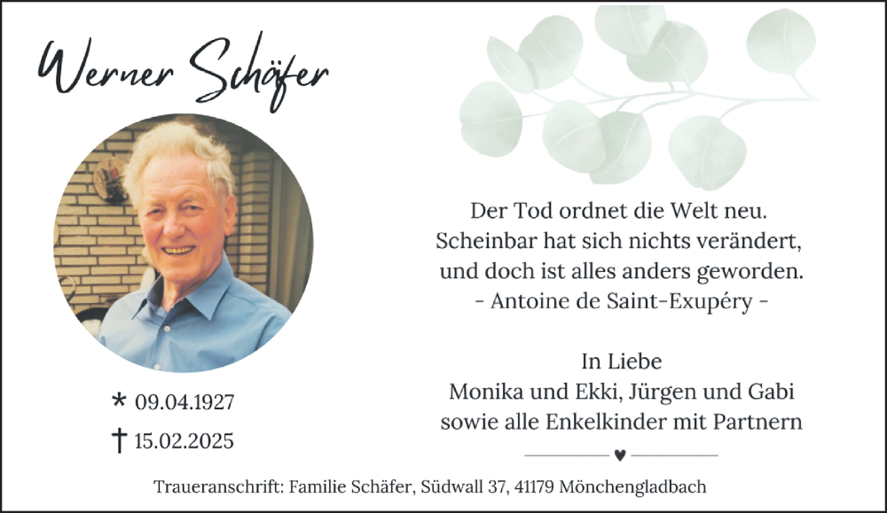  Traueranzeige für Werner Schäfer vom 23.02.2025 aus trauer.extra-tipp-moenchengladbach.de