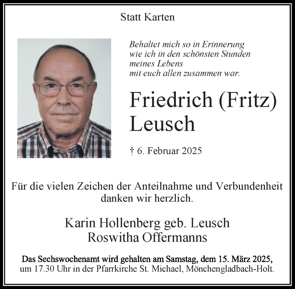  Traueranzeige für Friedrich Leusch vom 09.03.2025 aus trauer.extra-tipp-moenchengladbach.de
