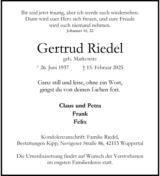 Traueranzeige von Gertrud Riedel von trauer.wuppertaler-rundschau.de