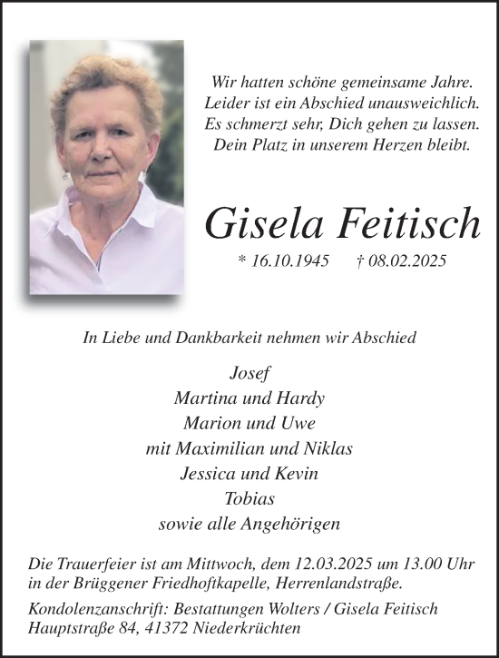 Traueranzeige von Gisela Feitisch von trauer.extra-tipp-moenchengladbach.de