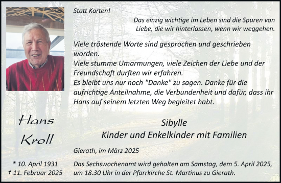 Traueranzeige von Hans Kroll von trauer.stadt-kurier.de