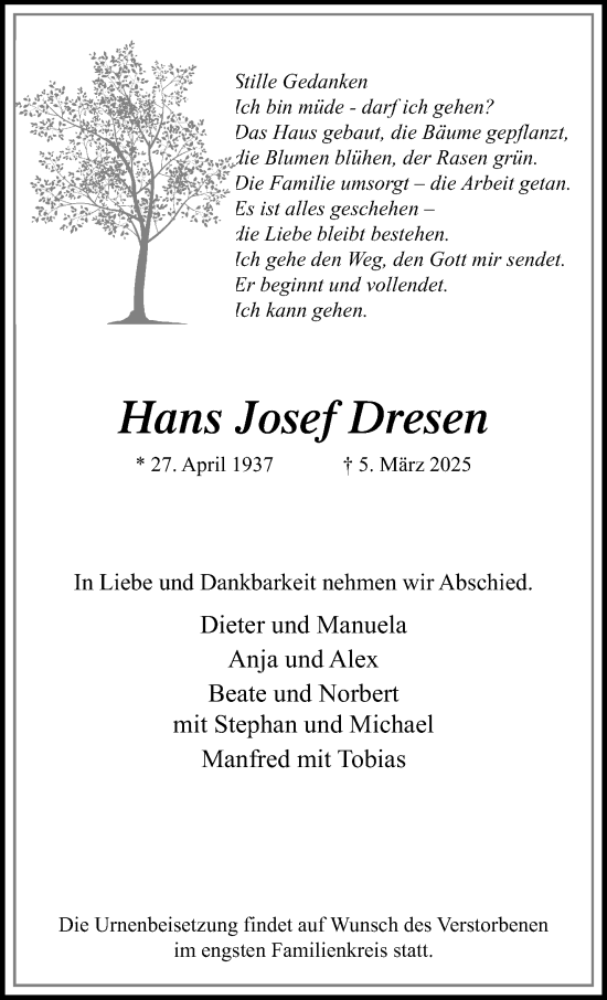 Traueranzeige von Hans Josef Dresen von trauer.extra-tipp-moenchengladbach.de