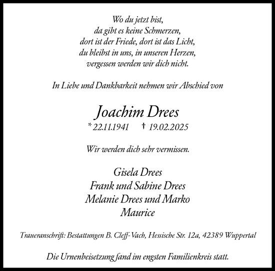 Traueranzeige von Joachim Drees von trauer.wuppertaler-rundschau.de