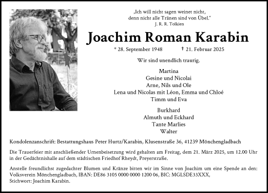 Traueranzeige von Joachim Roman Karabin von trauer.extra-tipp-moenchengladbach.de