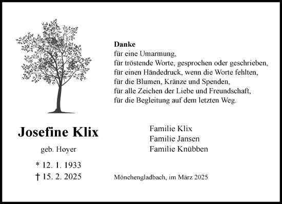 Traueranzeige von Josefine Klix von trauer.extra-tipp-moenchengladbach.de