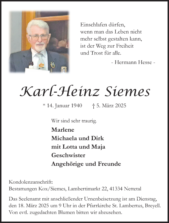 Traueranzeige von Karl-Heinz Siemes von trauer.extra-tipp-moenchengladbach.de