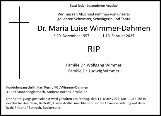 Traueranzeige von Maria Luise Wimmer-Dahmen von trauer.extra-tipp-moenchengladbach.de