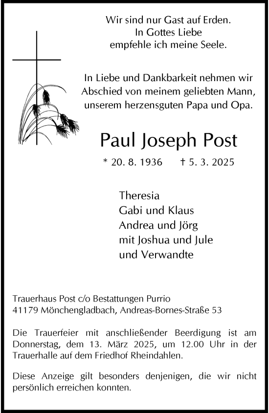 Traueranzeige von Paul Joseph Post von trauer.extra-tipp-moenchengladbach.de