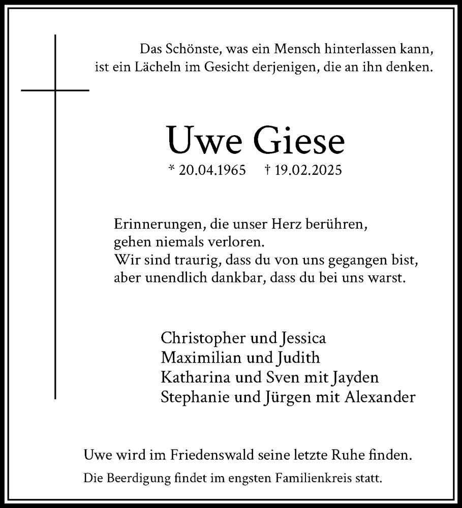  Traueranzeige für Uwe Giese vom 09.03.2025 aus trauer.extra-tipp-moenchengladbach.de