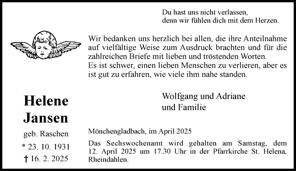  Traueranzeige für Helene Jansen vom 06.04.2025 aus trauer.extra-tipp-moenchengladbach.de