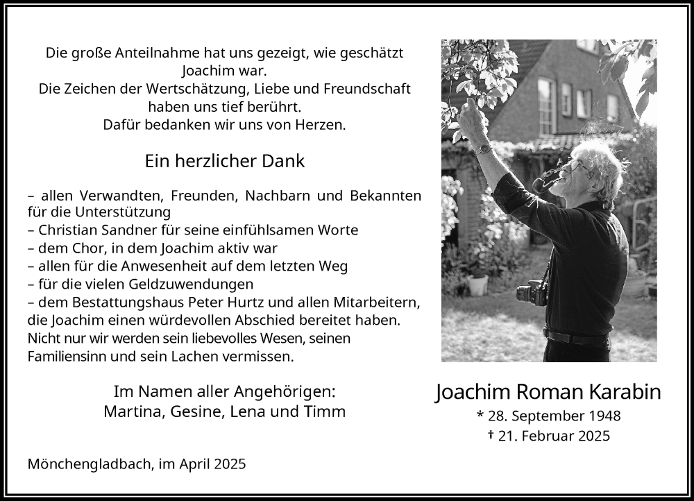  Traueranzeige für Joachim Roman Karabin vom 13.04.2025 aus trauer.extra-tipp-moenchengladbach.de