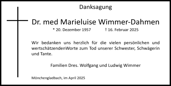Traueranzeige von Marieluise Wimmer-Dahmen von trauer.extra-tipp-moenchengladbach.de