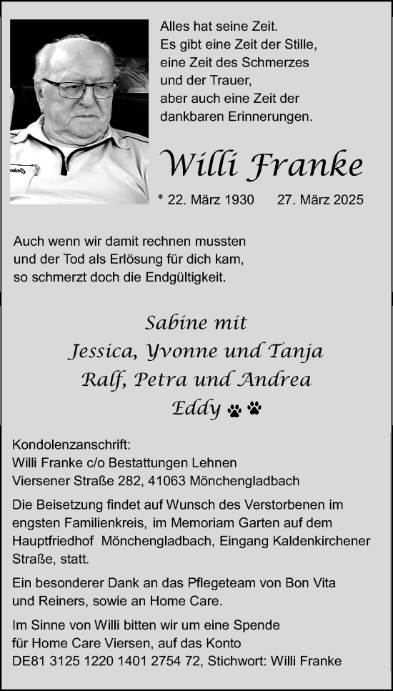 Traueranzeige von Willi Franke von trauer.extra-tipp-moenchengladbach.de