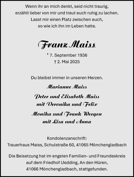 Traueranzeige von Franz Maiss von trauer.extra-tipp-moenchengladbach.de