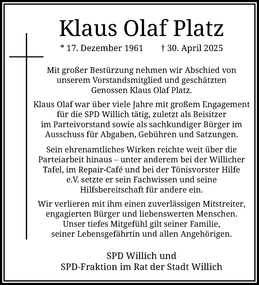  Traueranzeige für Klaus Olaf Platz vom 11.05.2025 aus trauer.extra-tipp-moenchengladbach.de