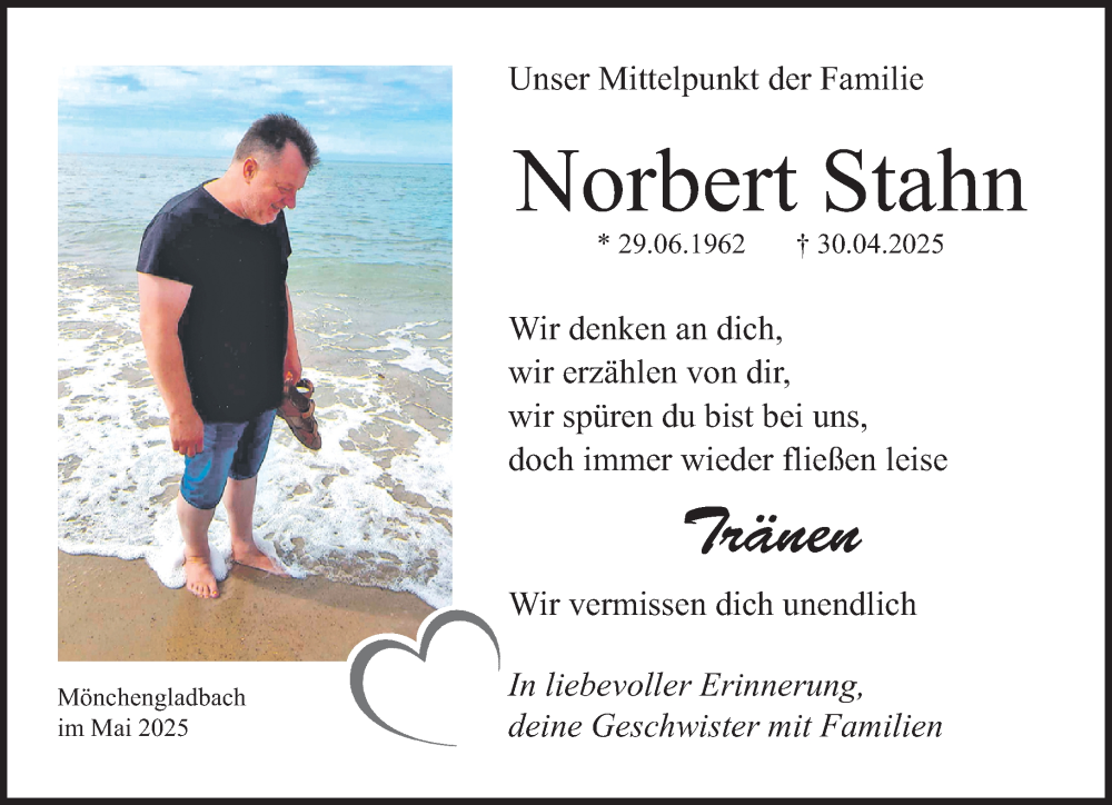  Traueranzeige für Norbert Stahn vom 11.05.2025 aus trauer.extra-tipp-moenchengladbach.de