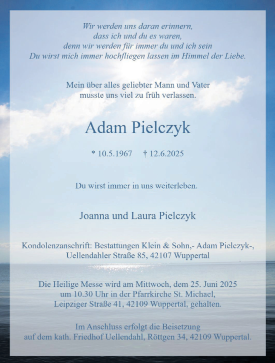 Traueranzeige von Adam Pielczyk von trauer.wuppertaler-rundschau.de
