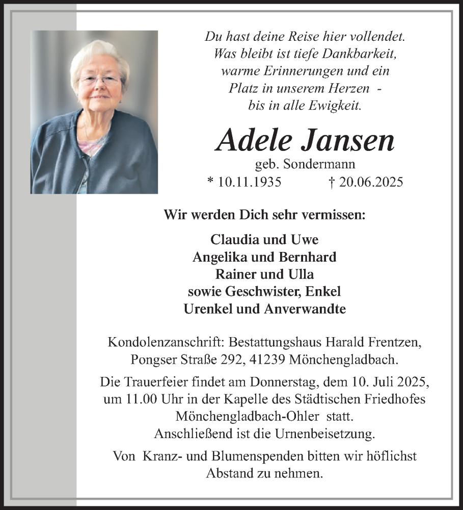  Traueranzeige für Adele Jansen vom 29.06.2025 aus trauer.extra-tipp-moenchengladbach.de
