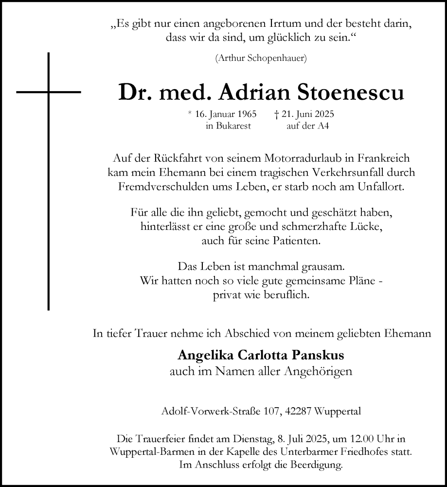  Traueranzeige für Adrian Stoenescu vom 28.06.2025 aus trauer.wuppertaler-rundschau.de