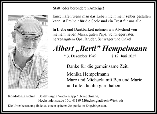 Traueranzeige von Albert Hempelmann von trauer.extra-tipp-moenchengladbach.de