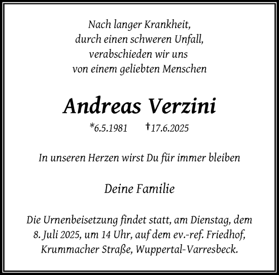 Traueranzeige von Andreas Verzini von trauer.wuppertaler-rundschau.de