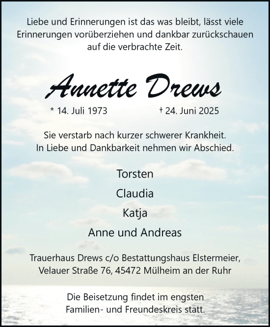Traueranzeige von Annette Drews von trauer.wuppertaler-rundschau.de