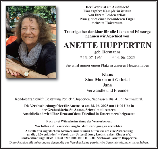 Traueranzeige von Anette Hupperten von trauer.extra-tipp-moenchengladbach.de