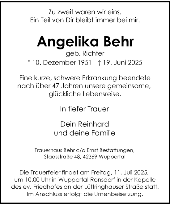 Traueranzeige von Angelika Behr von trauer.wuppertaler-rundschau.de