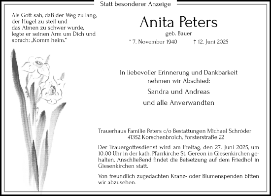 Traueranzeige von Anita Peters von trauer.extra-tipp-moenchengladbach.de