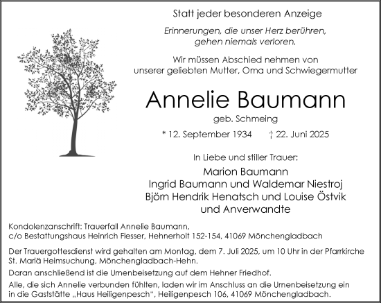 Traueranzeige von Annelie Baumann von trauer.extra-tipp-moenchengladbach.de