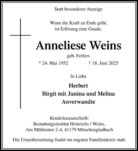 Traueranzeige von Anneliese Weins von trauer.extra-tipp-moenchengladbach.de