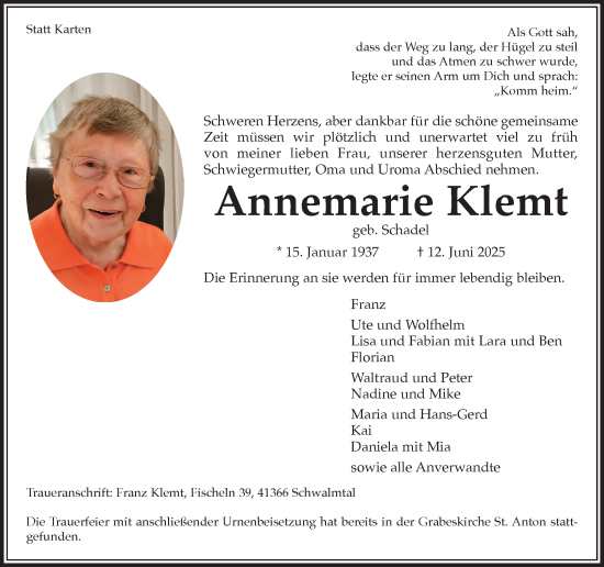 Traueranzeige von Annemarie Klemt von trauer.extra-tipp-moenchengladbach.de