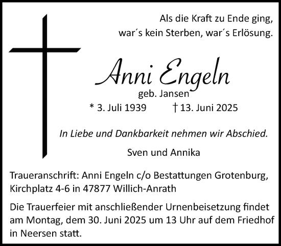 Traueranzeige von Anni Engeln von trauer.extra-tipp-moenchengladbach.de