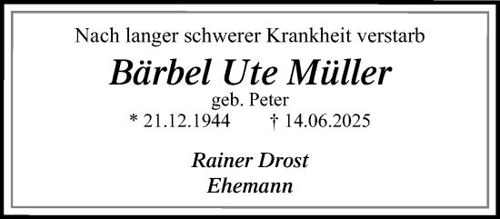 Traueranzeige von Bärbel Ute Müller von trauer.extra-tipp-moenchengladbach.de