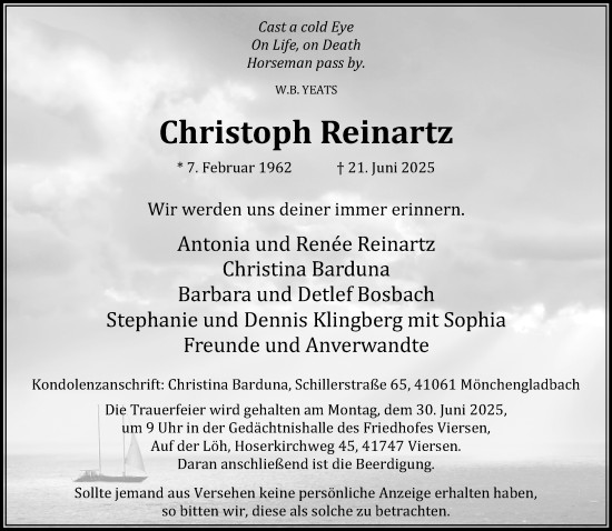 Traueranzeige von Christoph Reinartz von trauer.extra-tipp-moenchengladbach.de