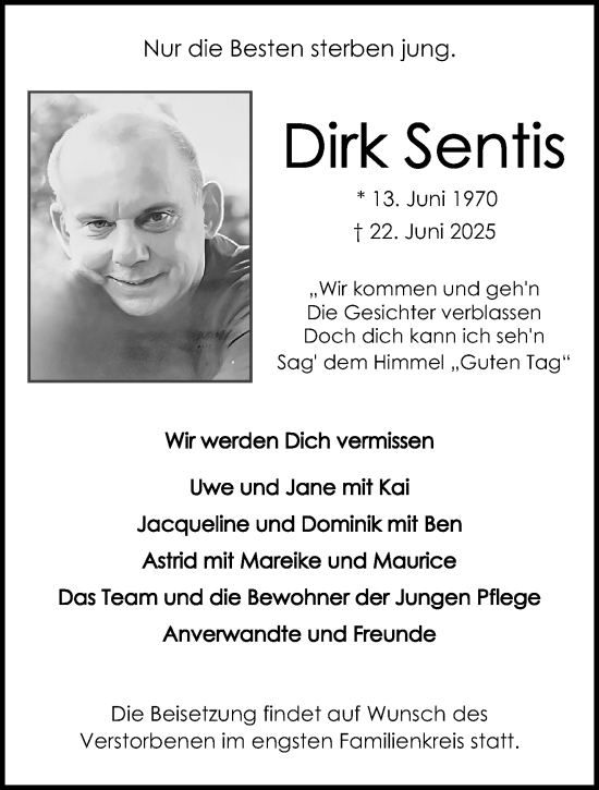Traueranzeige von Dirk Sentis von trauer.extra-tipp-moenchengladbach.de