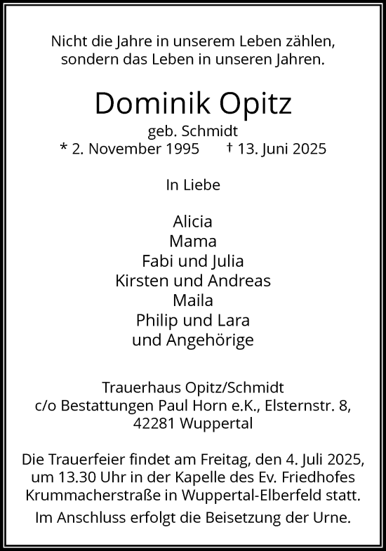 Traueranzeige von Dominik Opitz von trauer.wuppertaler-rundschau.de