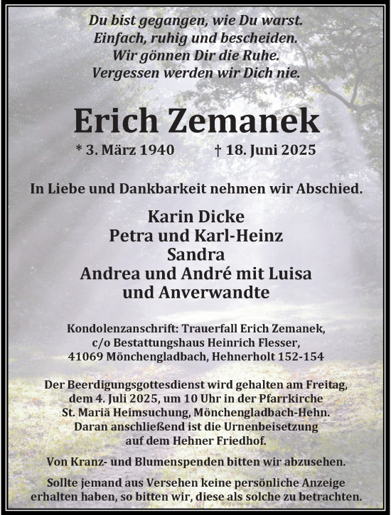 Traueranzeige von Erich Zemanek von trauer.extra-tipp-moenchengladbach.de